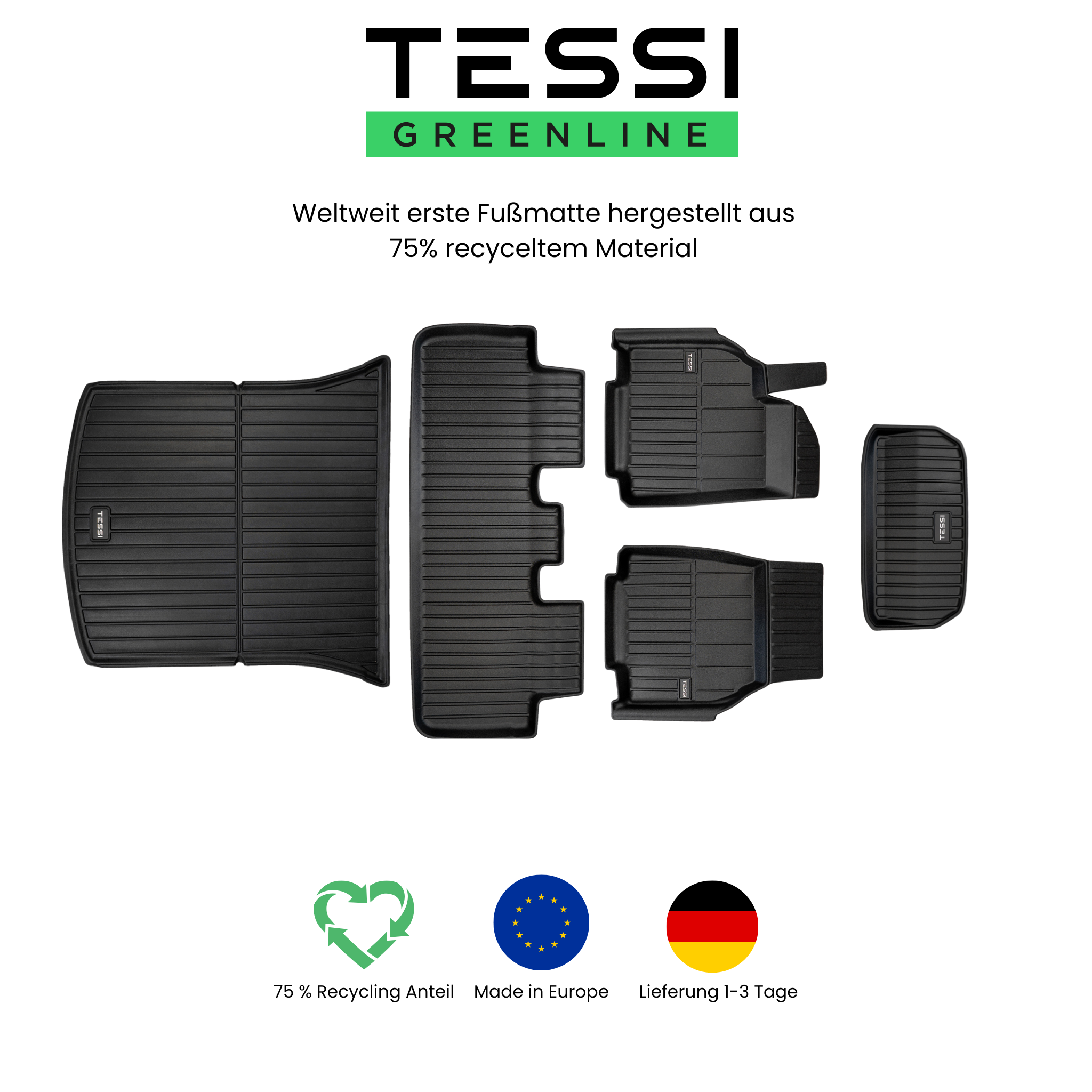 Tesla Model Y 5-Teiliges Gummimattenset Tessi® Greenline 75% Recycling Material