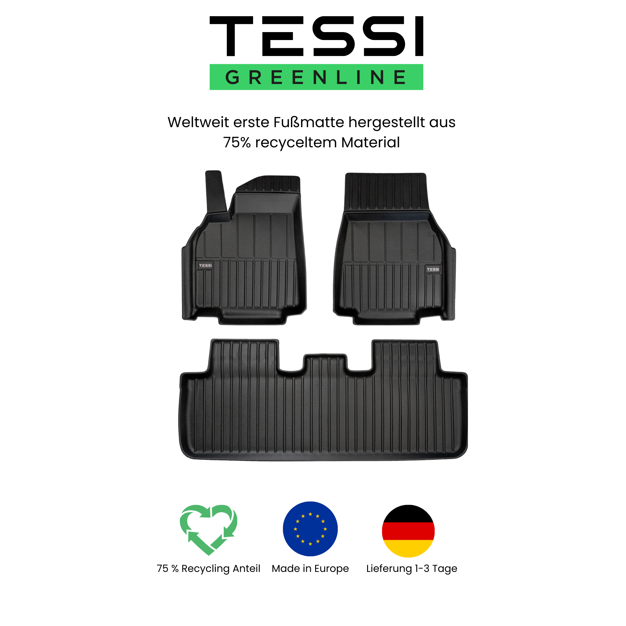 Tesla Model Y 3-Teiliges Gummimattenset  Innenraum Tessi® Greenline 75% Recycling Material  in